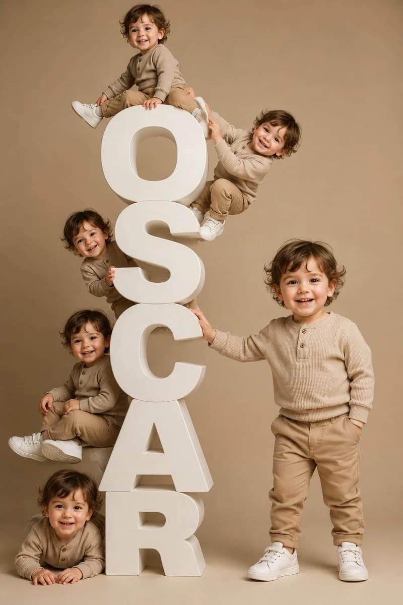 A studio portrait of six identical toddler clones stacked around oversized name letters with playful premium lighting