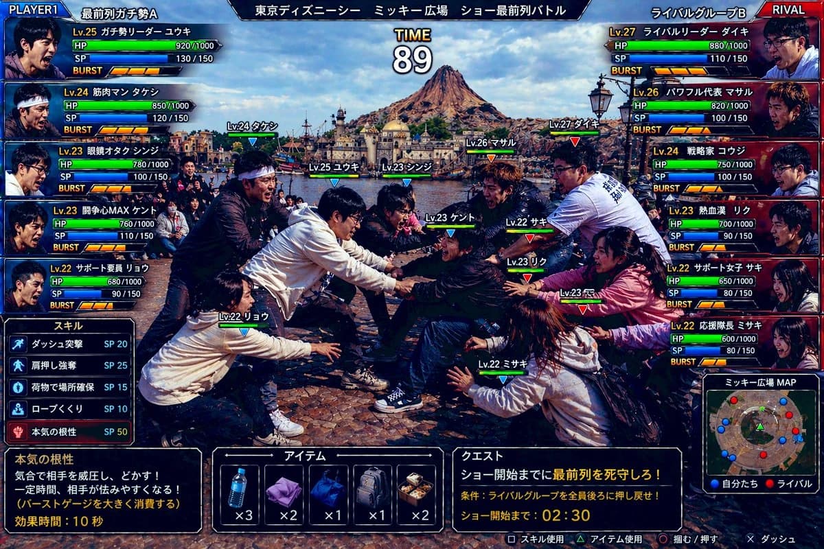A chaotic mock battle scene at Tokyo DisneySea features ten young adults in winter attire, competing for front-row positions, with vibrant game UI elements overlaying the action