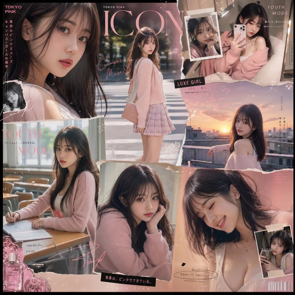 A stylish Japanese college girl is featured in a pink-themed fashion collage, showcasing various cinematic portraits and playful moments