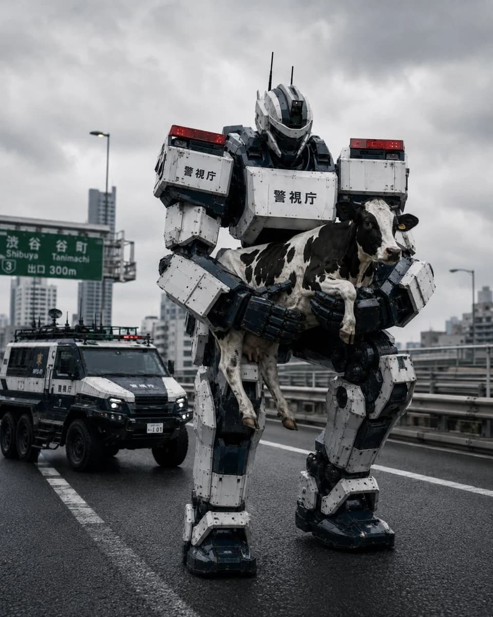 Tokyo Police Robot Rescuing Cow with polished social media composition, clear subject focus and share-ready visual styling