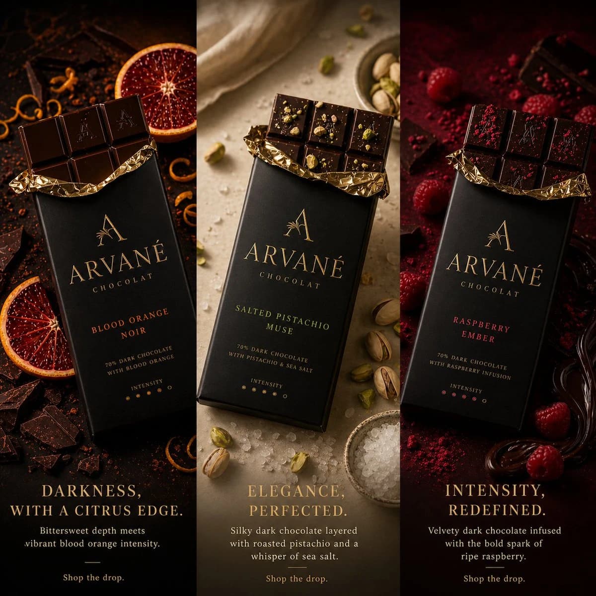 Three luxury chocolate bars are displayed with elegant packaging, featuring flavors Blood Orange Noir, Salted Pistachio Muse, and Raspberry Ember