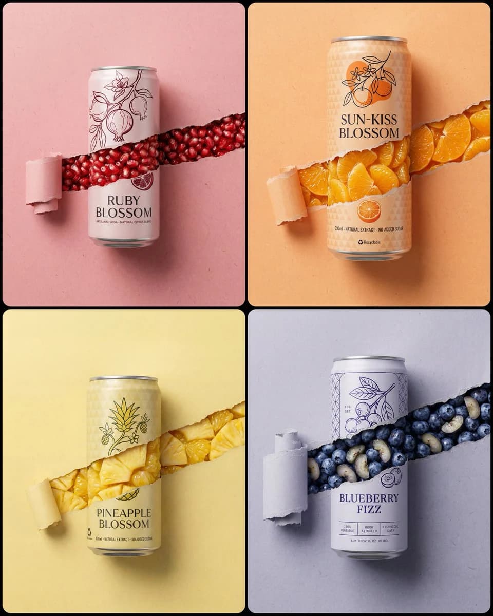 A soda can product ad shows a torn paper strip exposing glossy fruit inside the can on a minimal textured backdrop