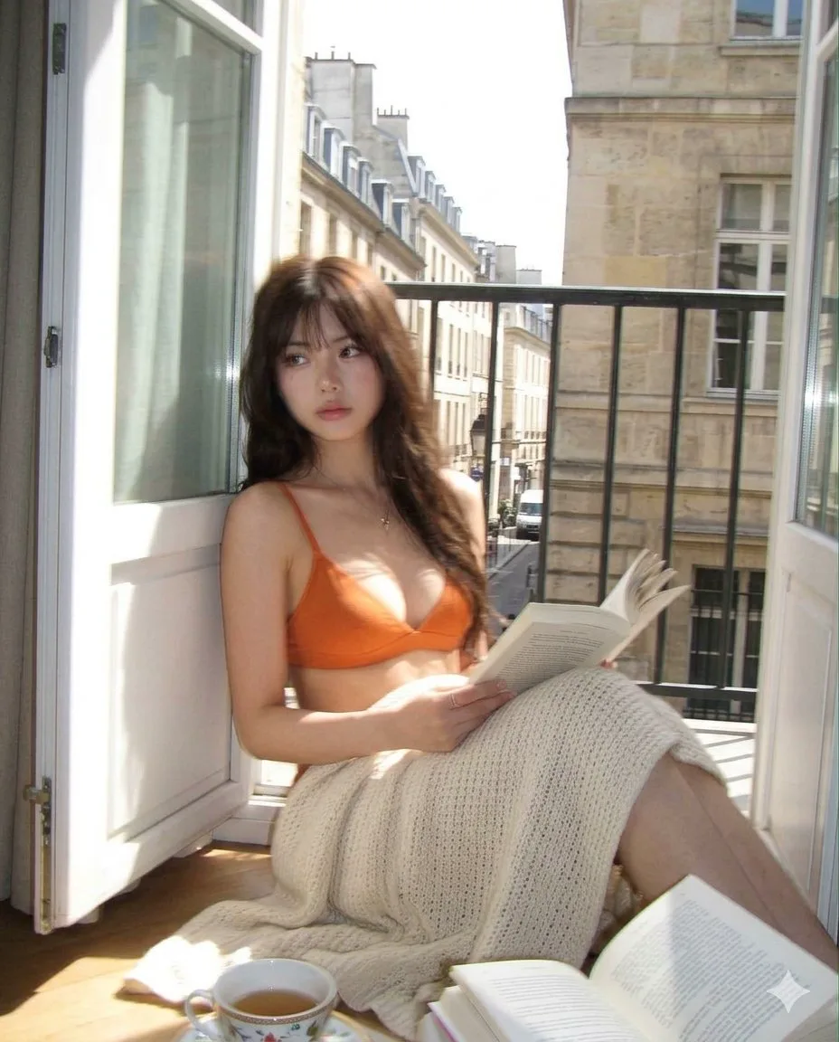Low-resolution candid balcony portrait of a woman reading by open French doors with tea and books on the floor