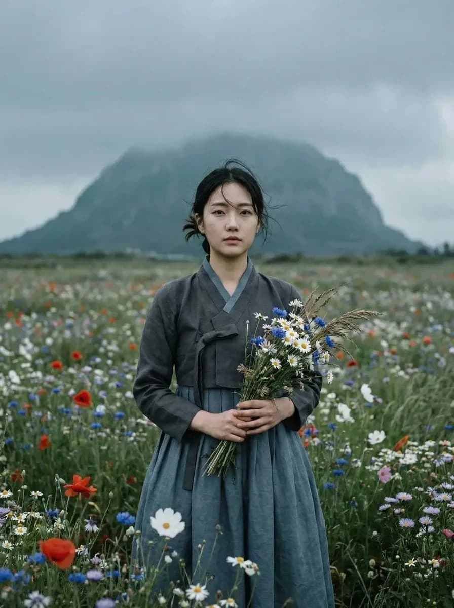 Traditional Hanbok Portrait in Wildflower Meadow: social media prompt preview with platform-ready composition and clear design.