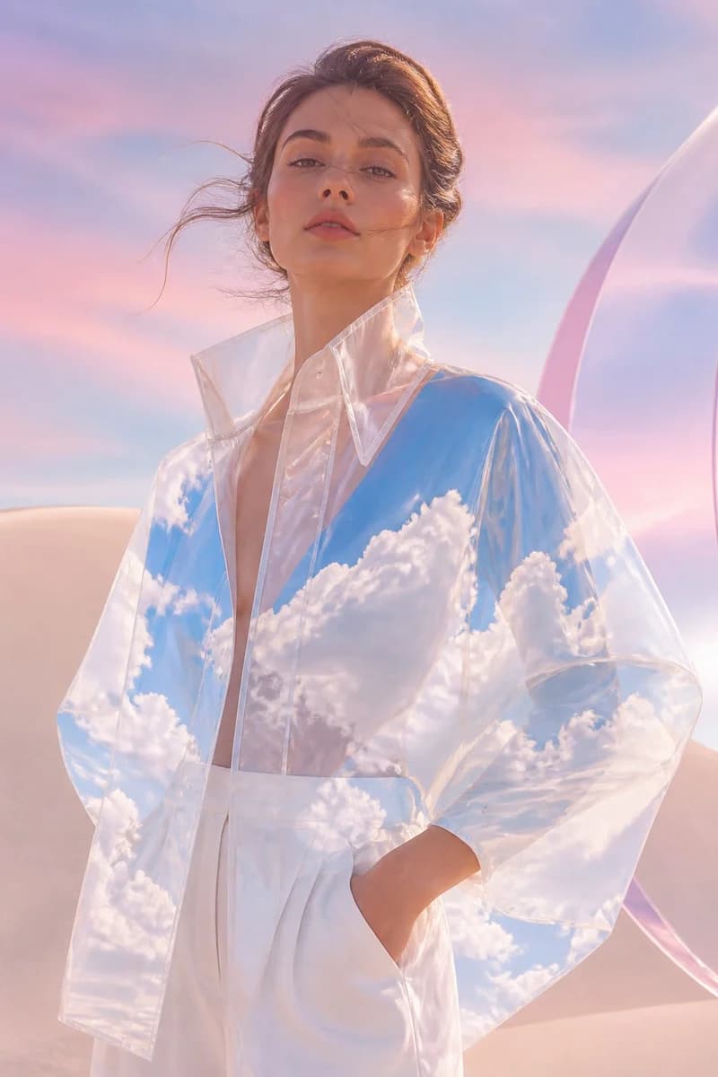Surreal transparent sky jacket fashion portrait with cloud-filled outerwear, soft lighting and editorial styling