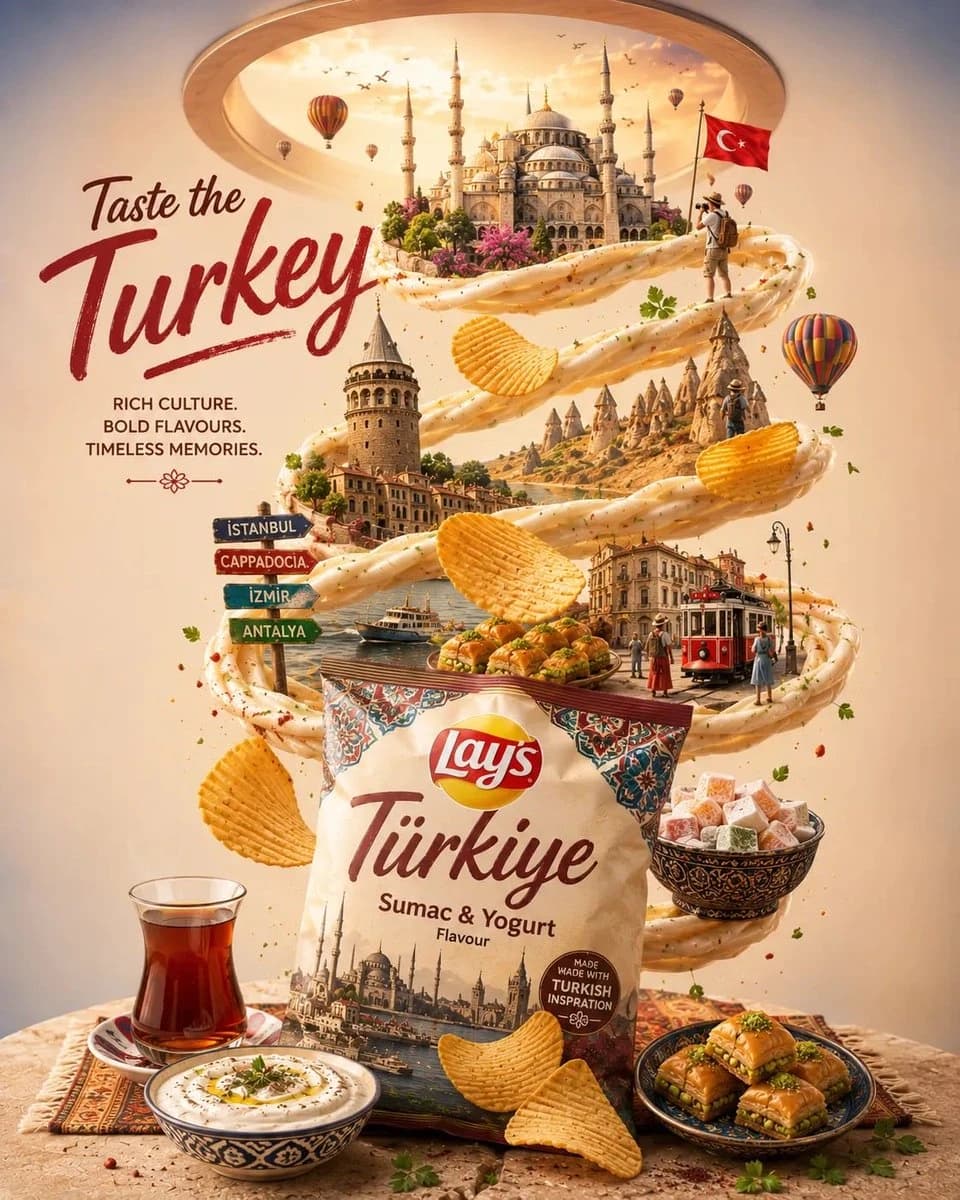 A realistic Lay's Türkiye chips packet sits at the bottom, surrounded by vibrant Turkish landmarks and traditional foods in a swirling composition