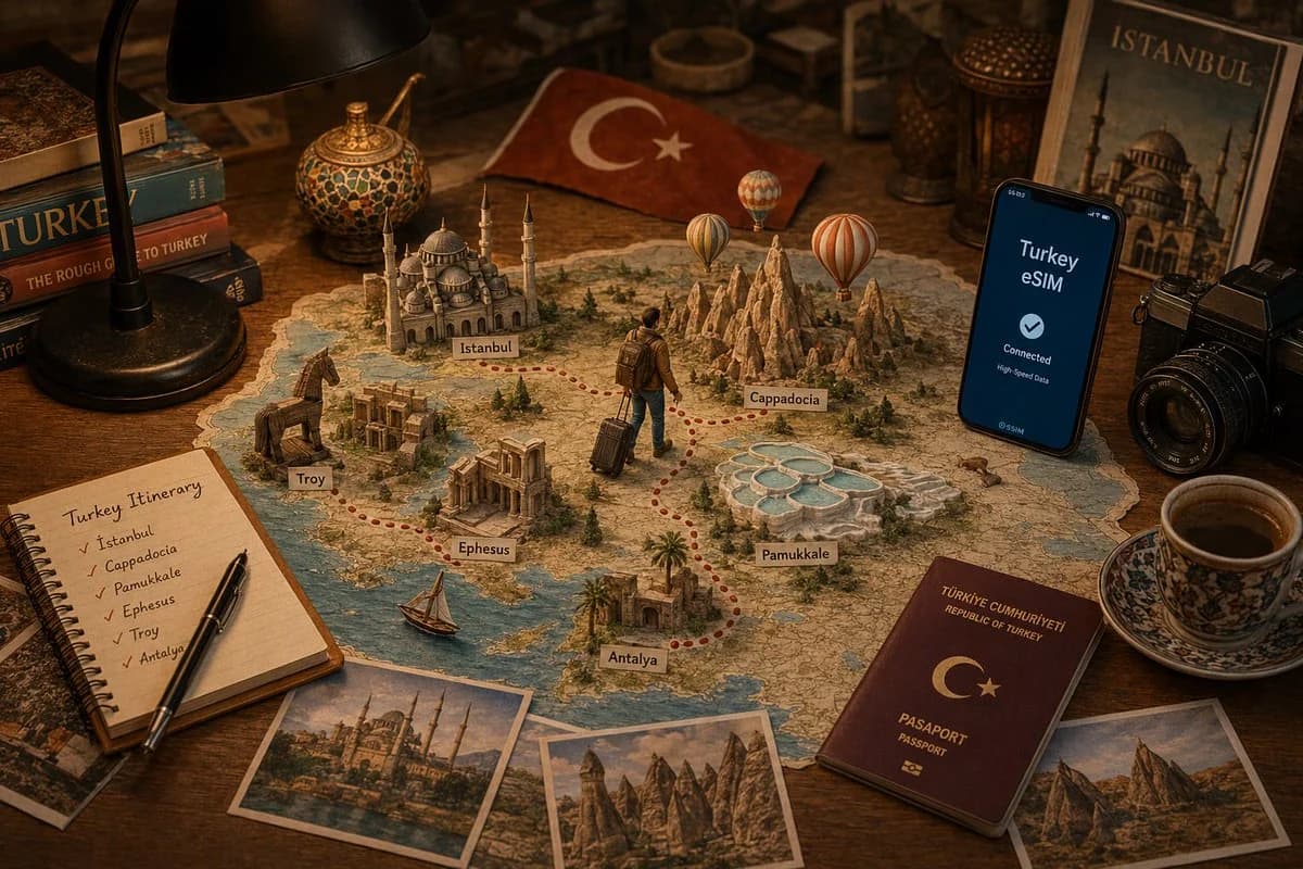 Travel planning tabletop scene with maps, tickets, notes and destination objects arranged as a polished lifestyle flat lay