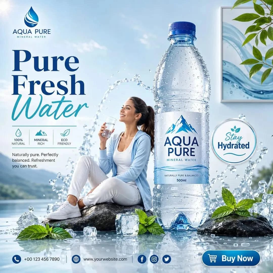 A woman enjoys a glass of Aqua Pure mineral water while sitting on rocks surrounded by splashing water and fresh mint leaves