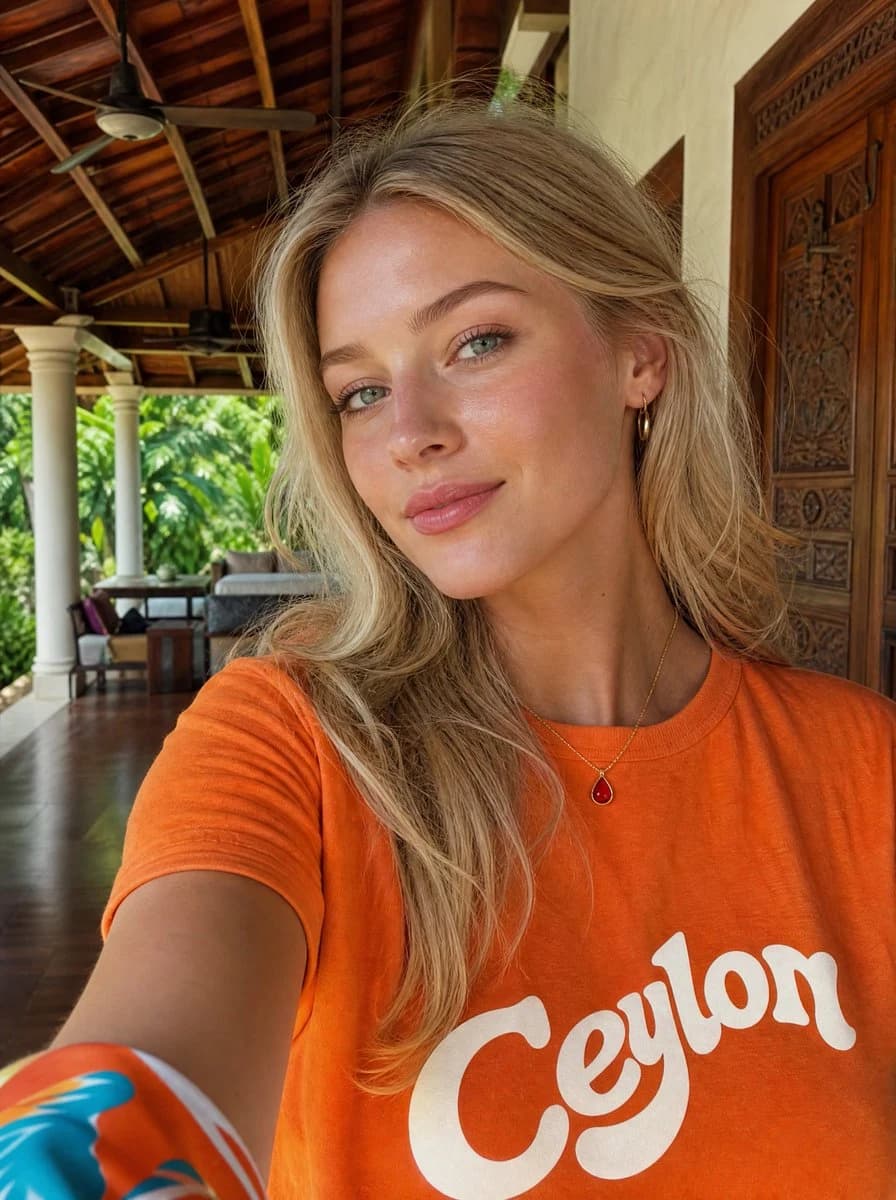 Tropical villa selfie with Ceylon travel mood, bright outdoor setting, and relaxed lifestyle portrait framing