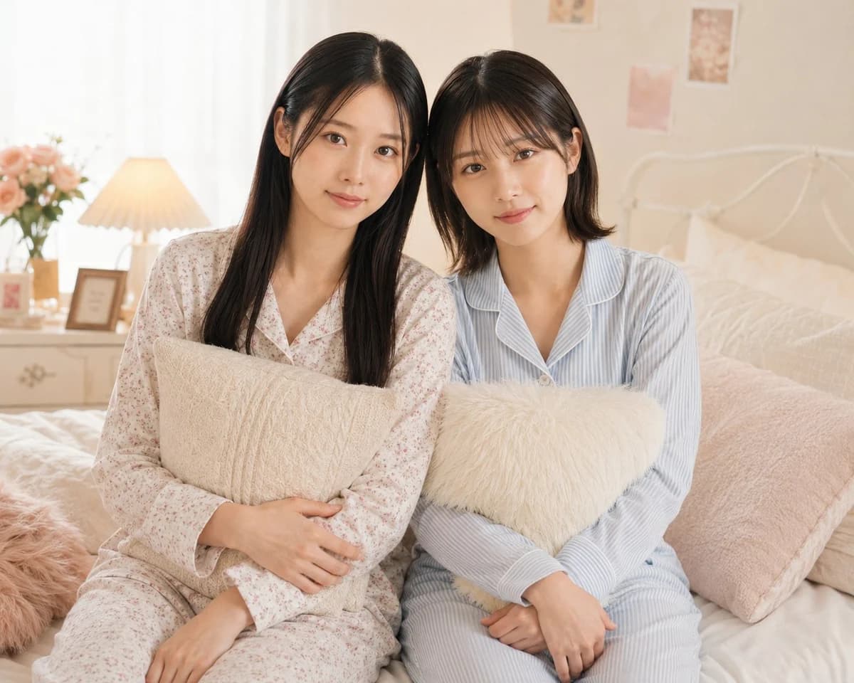 Two women in pastel pajamas sitting on a cozy bedroom bed with soft daylight and warm lifestyle photography styling