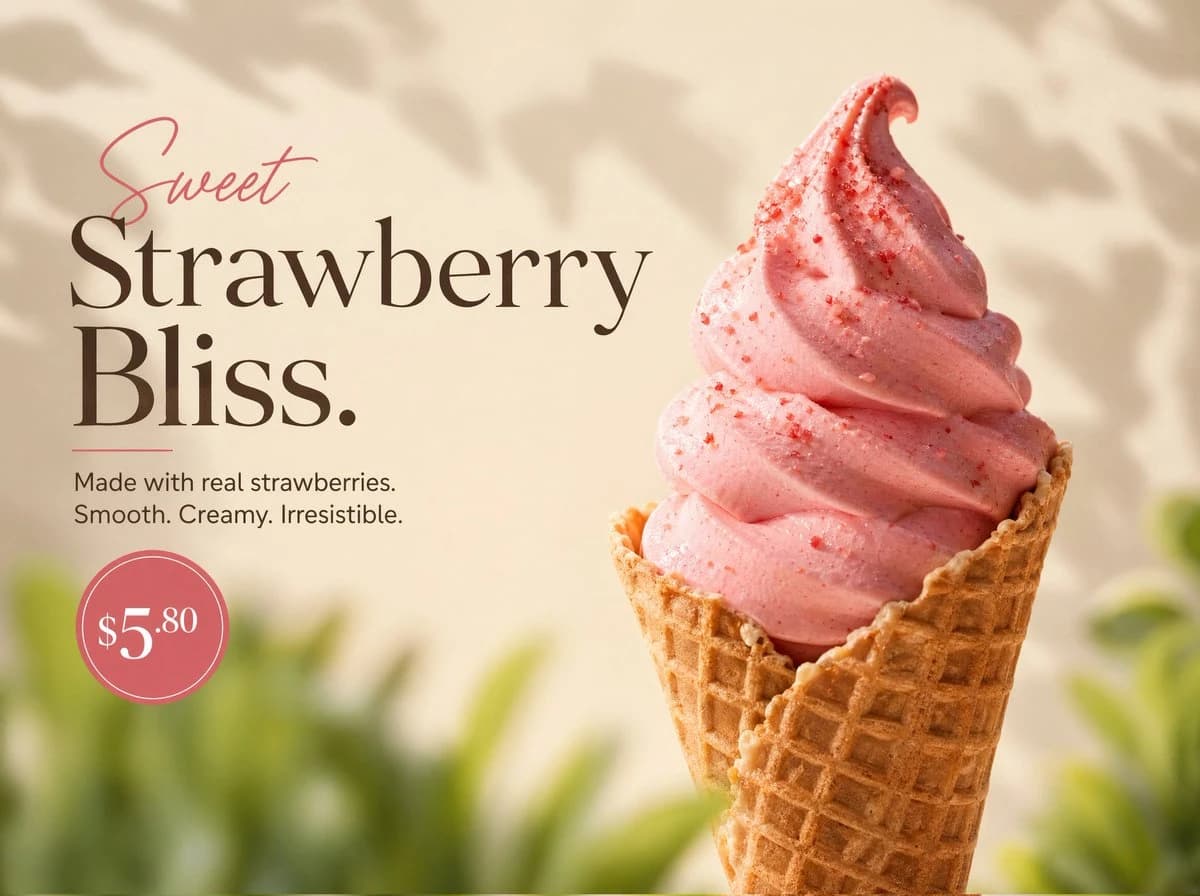 Rich strawberry soft-serve ice cream swirled in a waffle cone, styled with elegant typography and a soft, natural background