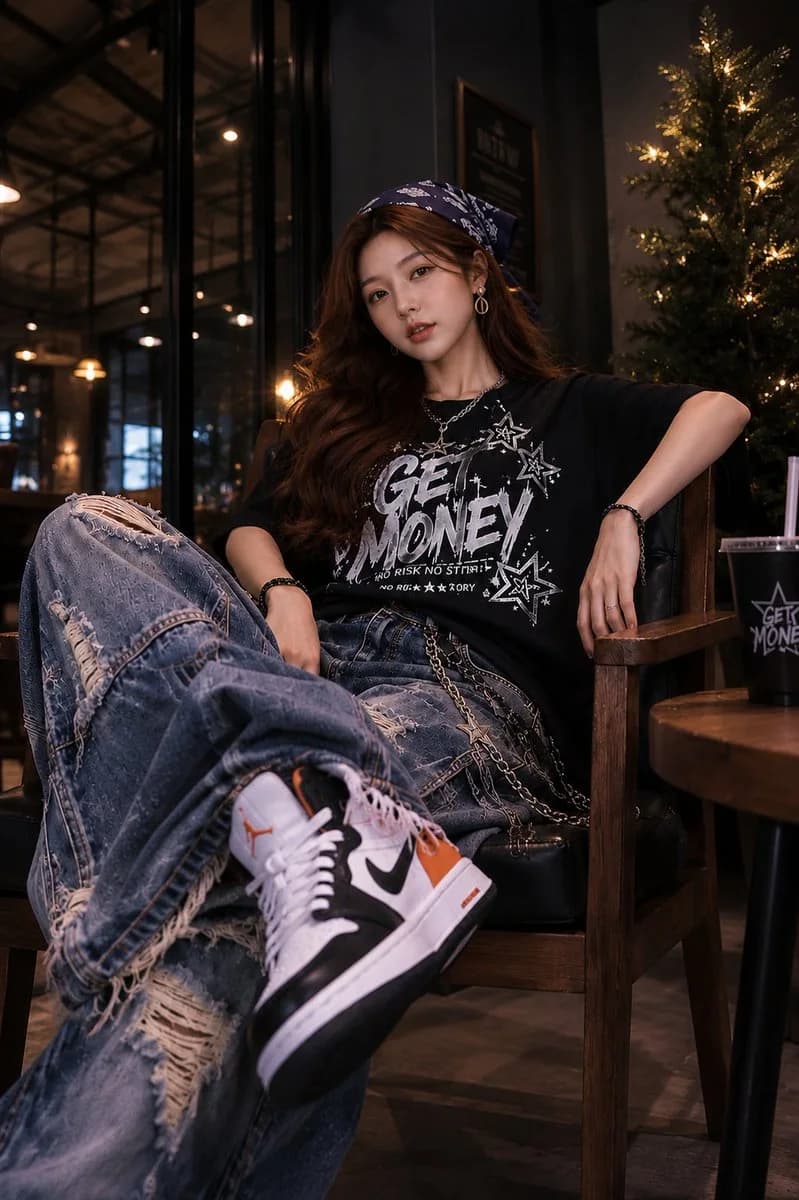 A high-quality fashion portrait of a woman in baggy streetwear within a luxury café lounge at night, featuring cinematic lighting and detailed textures