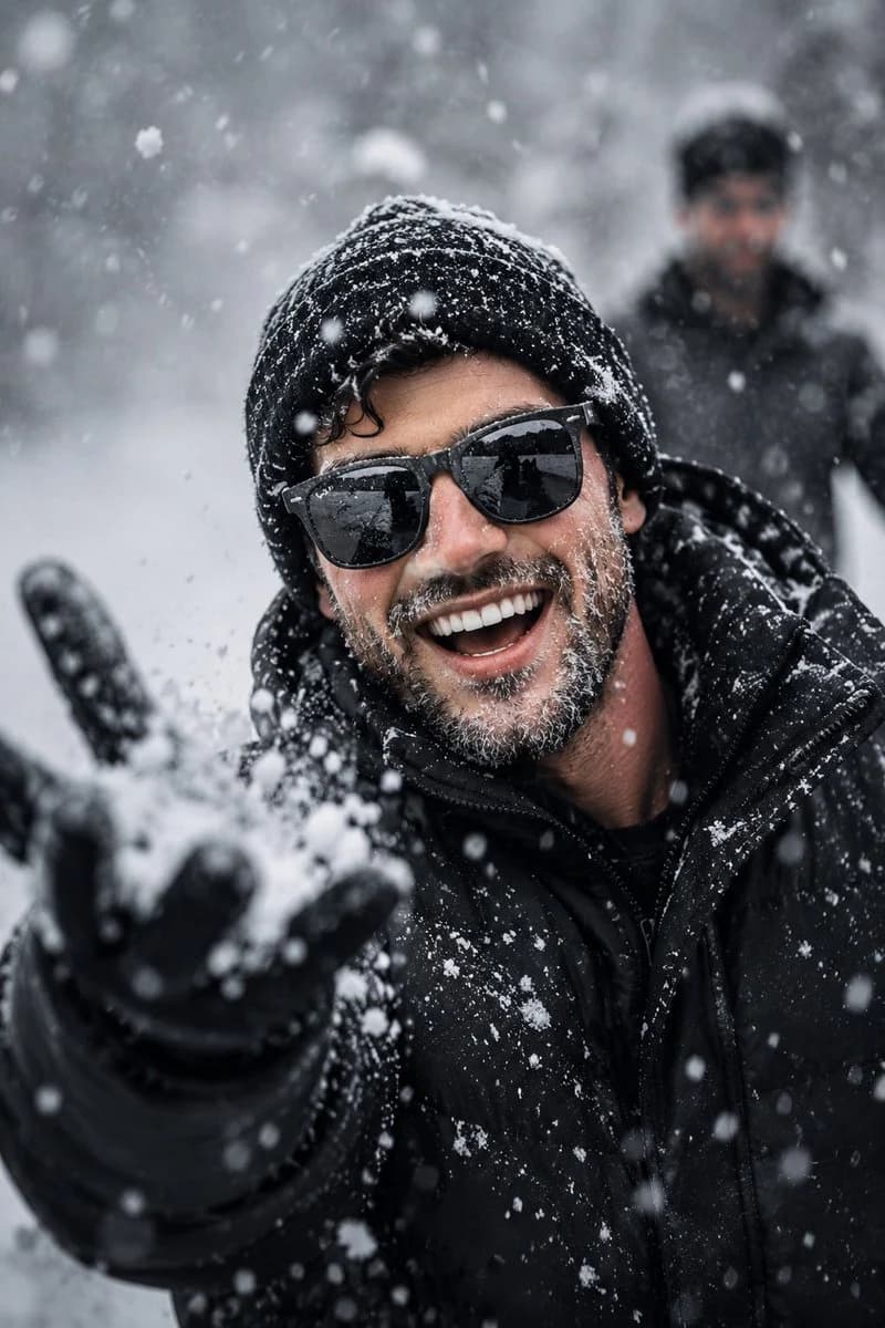 A winter close-up portrait with beanie, reflective sunglasses, thick outerwear, crisp skin detail, and cold cinematic lighting