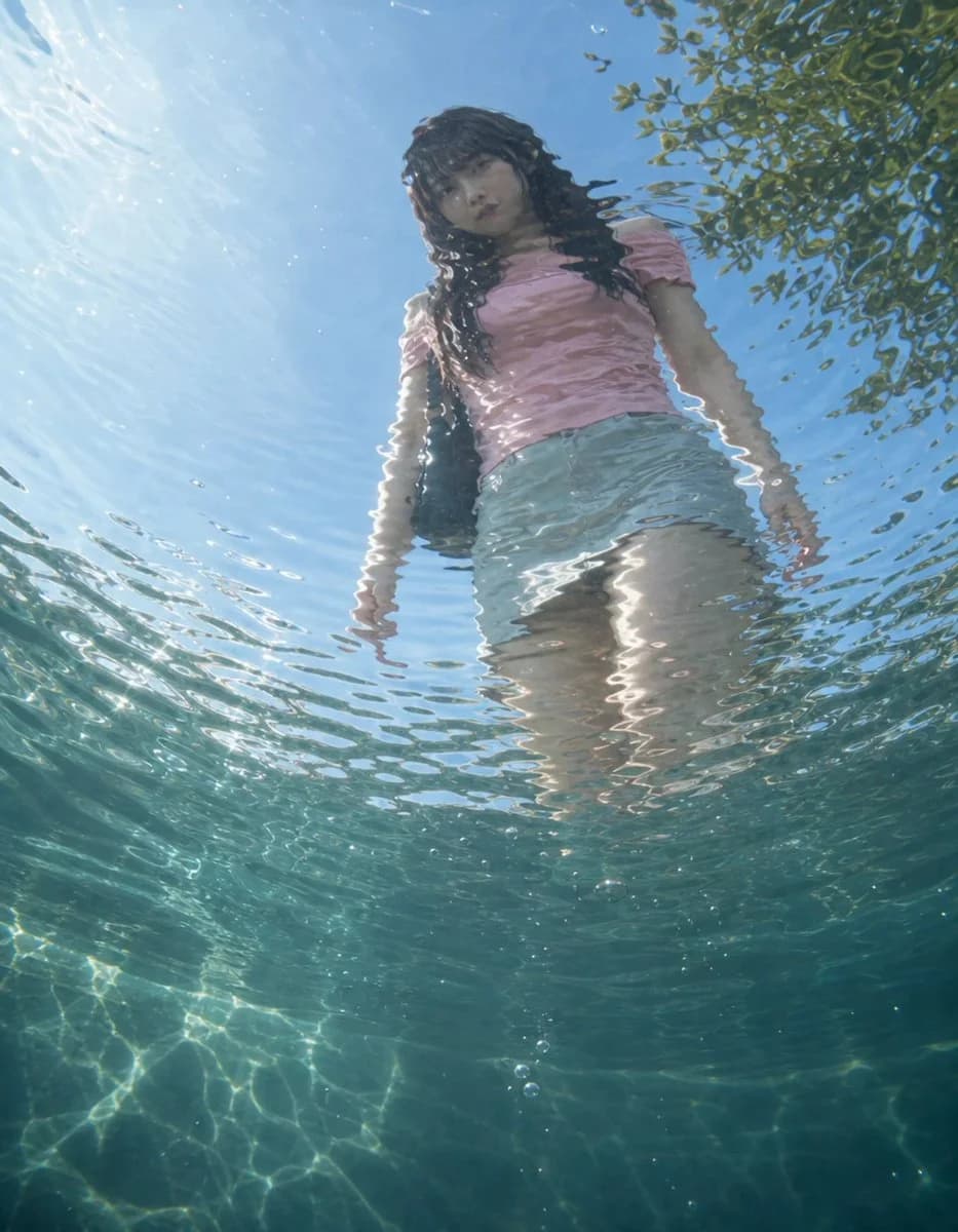 An underwater transformation scene viewed from below the surface, with refracted light, distorted silhouettes, and cinematic water texture