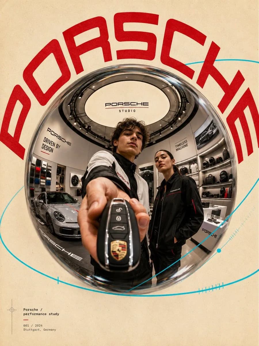 Fisheye luxury showroom poster shows a model holding a car key toward the camera inside a branded sports-car store
