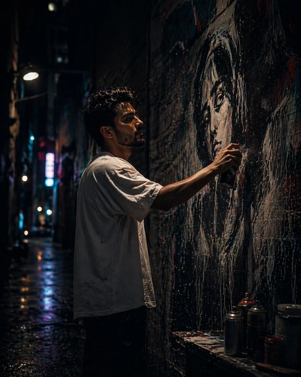 A young male street artist intensely paints a hyper-realistic mural of a woman's face on a textured brick wall in a narrow, dimly lit urban alley