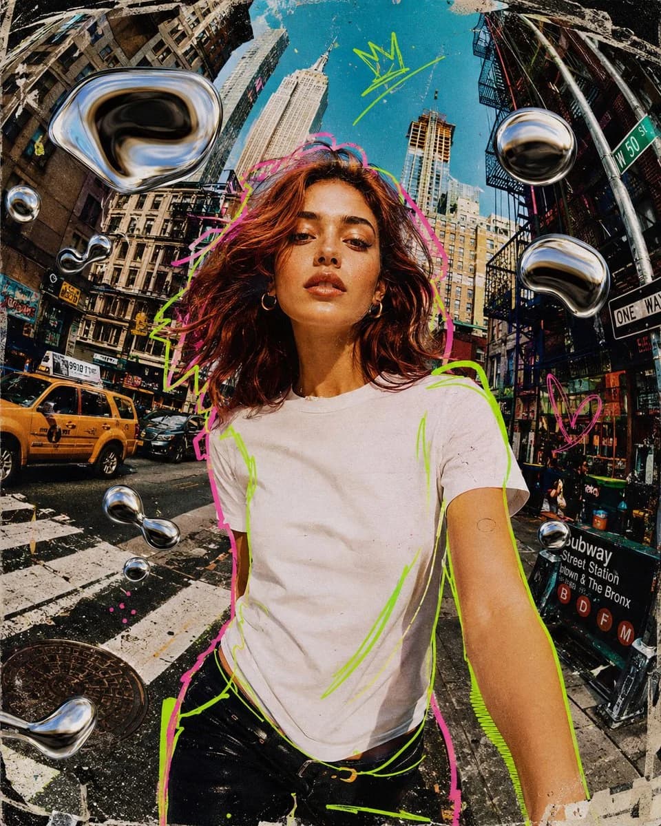 Urban animation-style portrait collage with layered street details, expressive color blocks, and illustrated texture