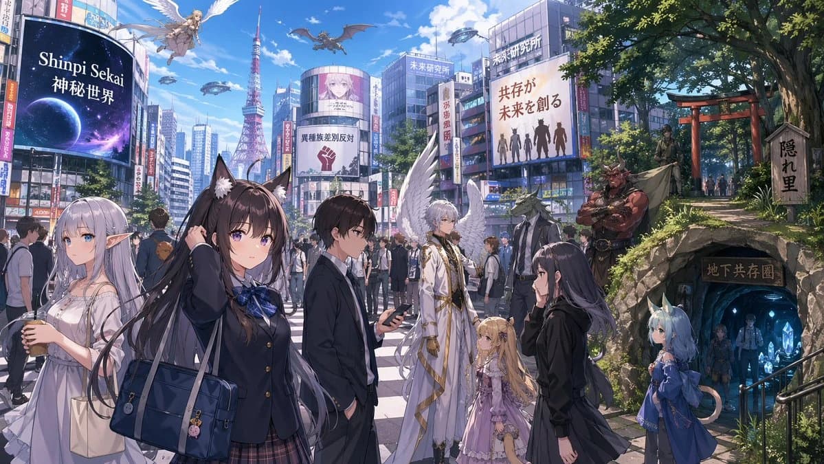 A bustling Tokyo-style scramble crossing features a mix of modern and mythical characters, including an elf, a schoolgirl with animal ears, and an angelic figure, under a bright