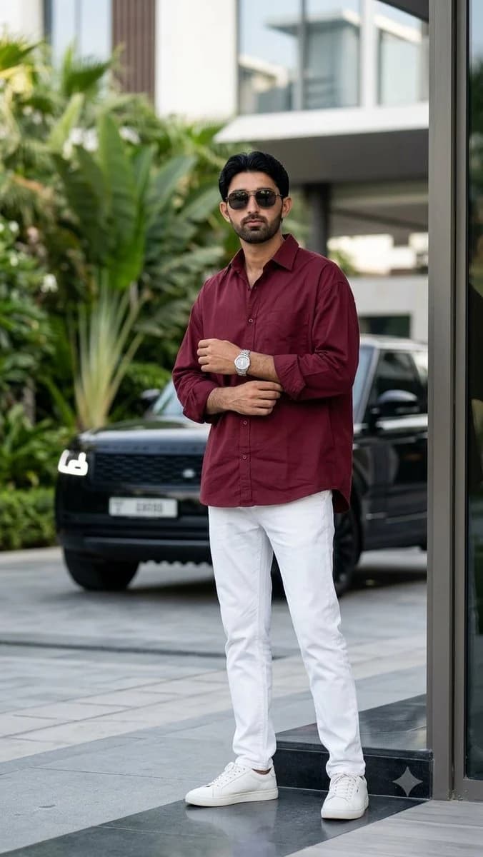 A cinematic urban fashion portrait beside a modern building entrance with oversized clothing and realistic street styling