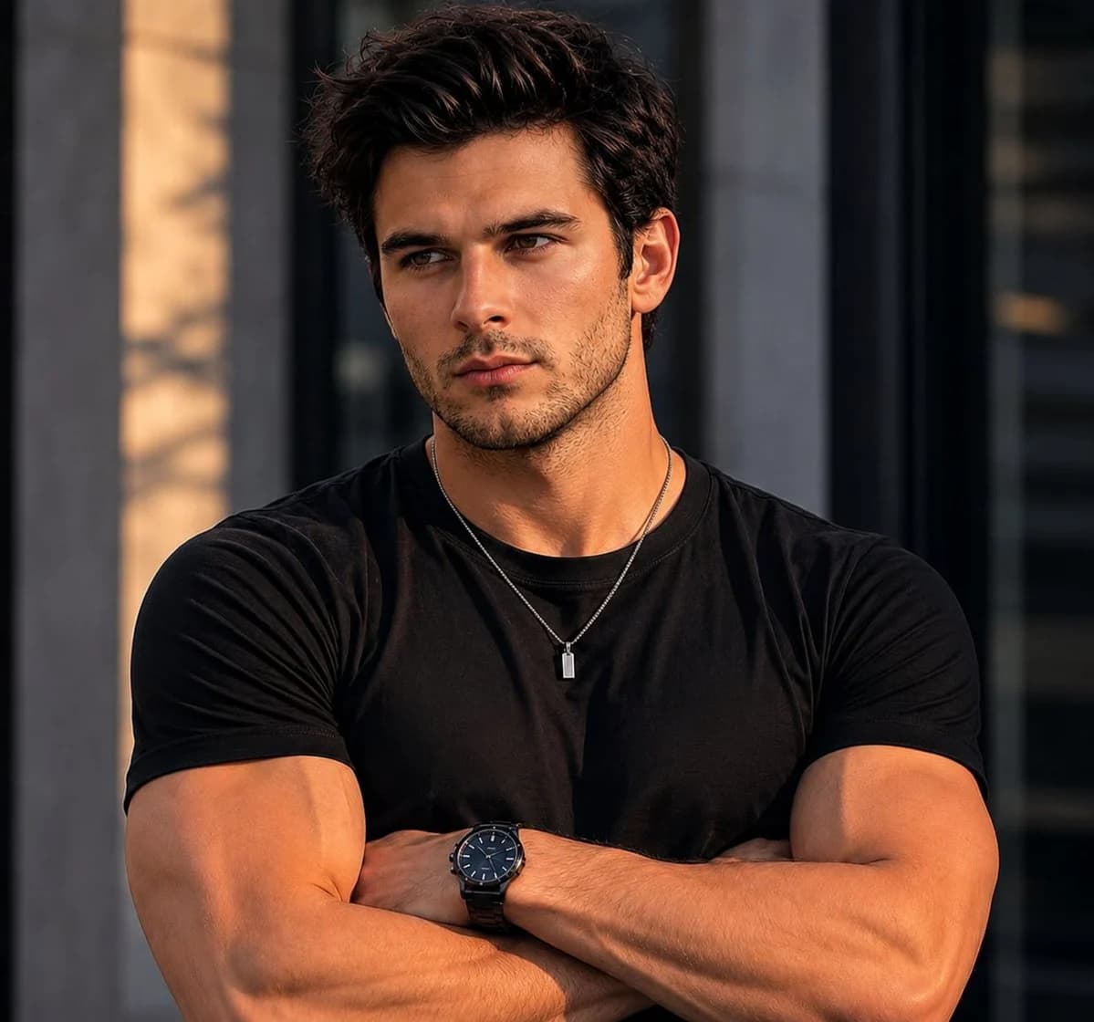 Cinematic urban lifestyle portrait of a confident young man in a luxury city setting
