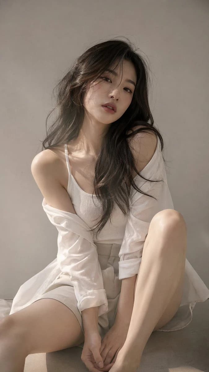 A young Eastern woman poses gracefully in a minimalistic setting, showcasing soft lighting and natural textures in her relaxed attire