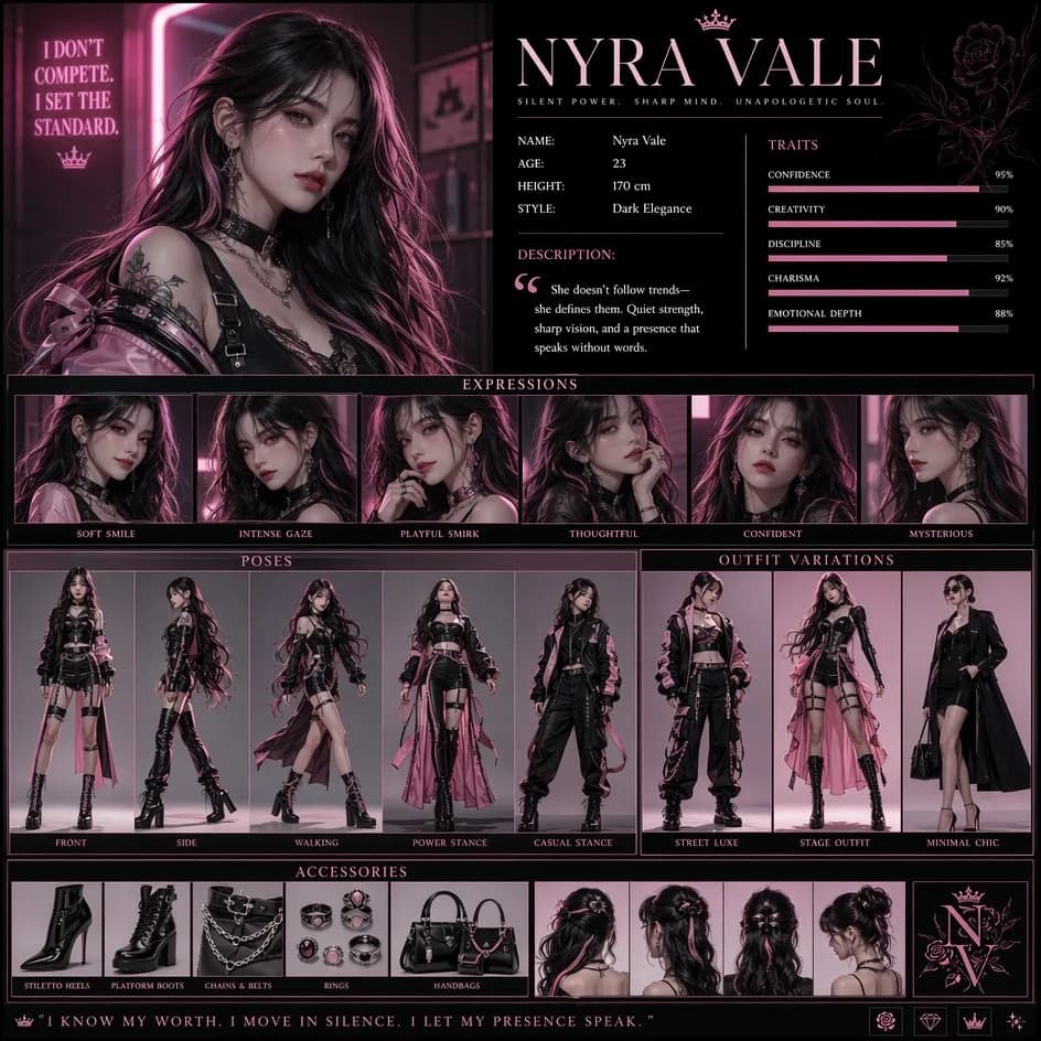 Vertical Character Concept Sheet arranged as a structured multi-panel grid with consistent styling and clear visual comparison
