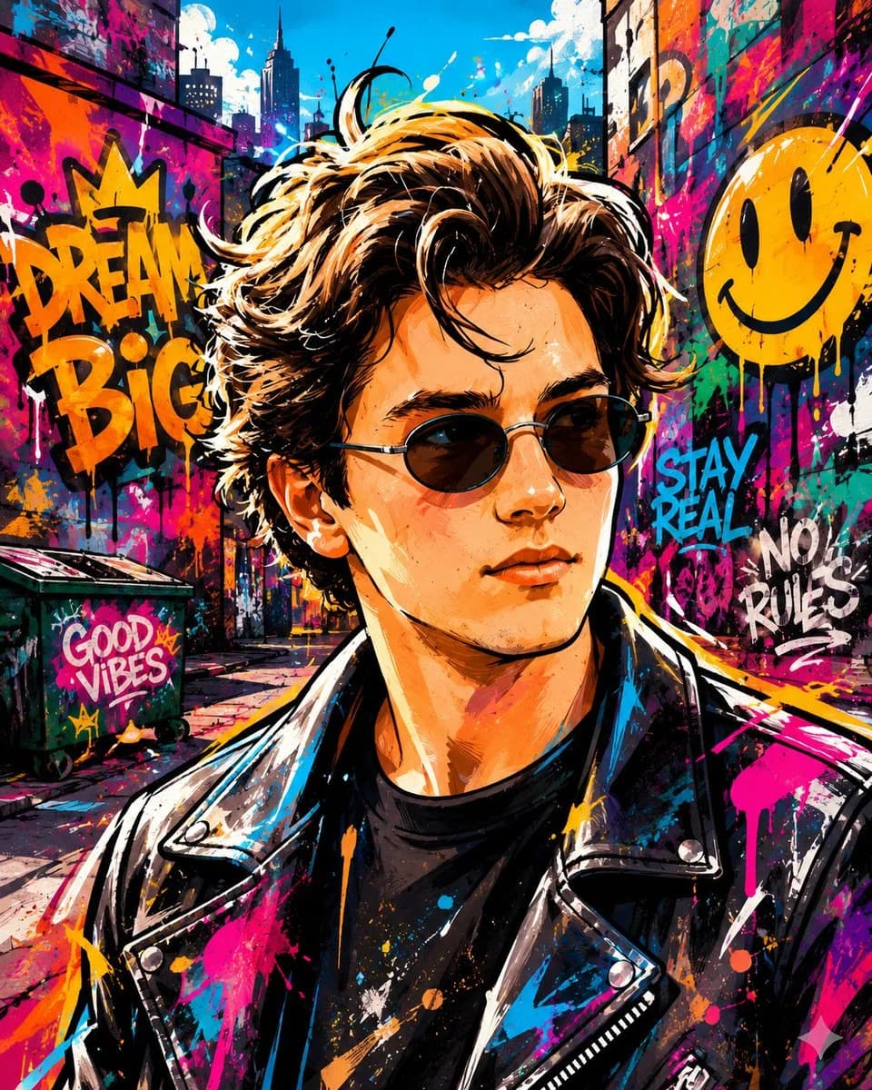 Vibrant street-art transformation portrait set against colorful graffiti, with bold urban styling and energetic color.