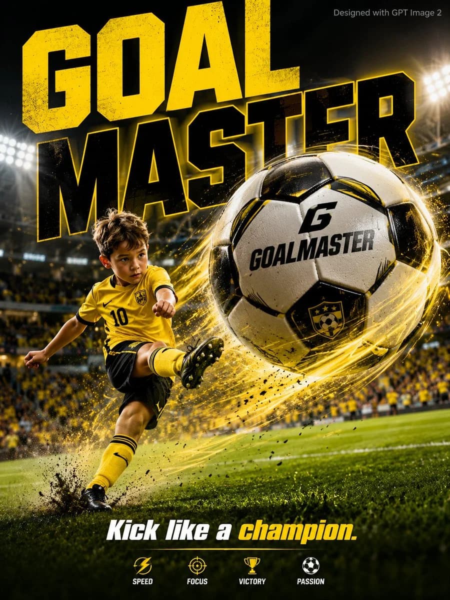 A vibrant football advertisement poster with a young player kicking beside a giant ball, explosive color streaks, and sports energy
