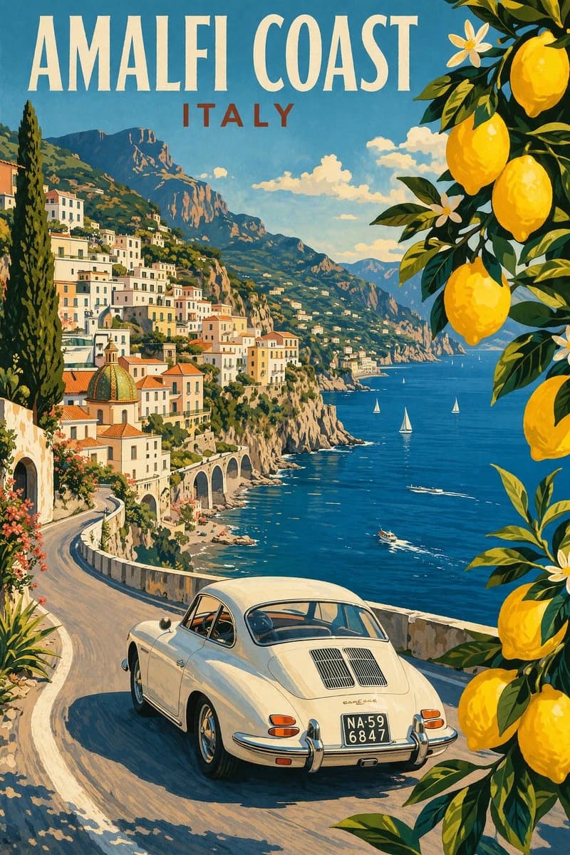 A classic 1960s white car drives along a winding coastal road, framed by vibrant lemon branches and overlooking the Amalfi Coast's colorful hillside village
