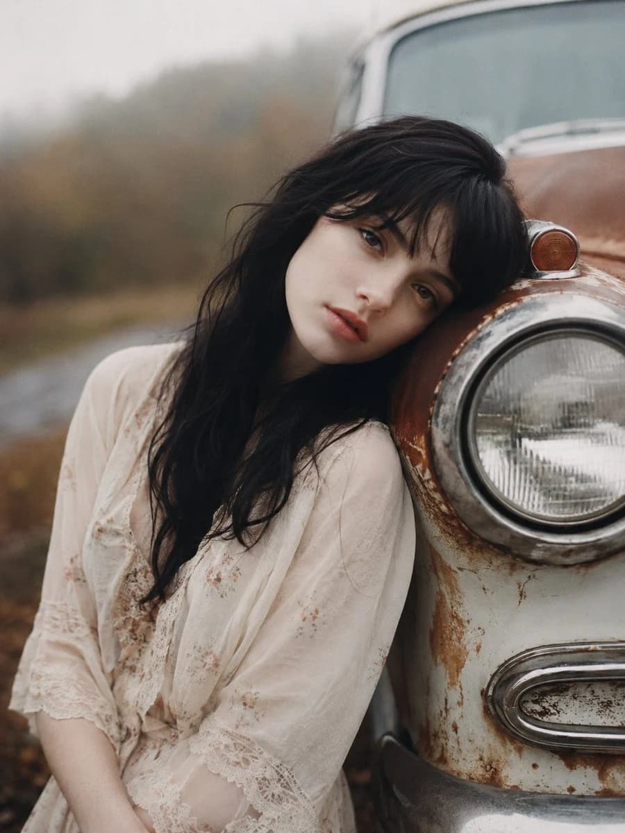 Haunting vintage Americana portrait with faded film color, period clothing, and eerie editorial atmosphere