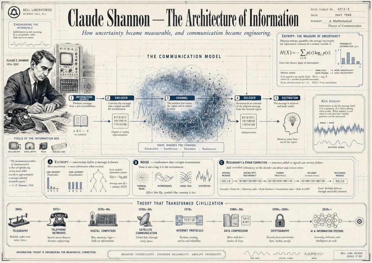 Claude Shannon's vintage infographic poster features detailed diagrams and illustrations explaining information theory, set against an aged cream background