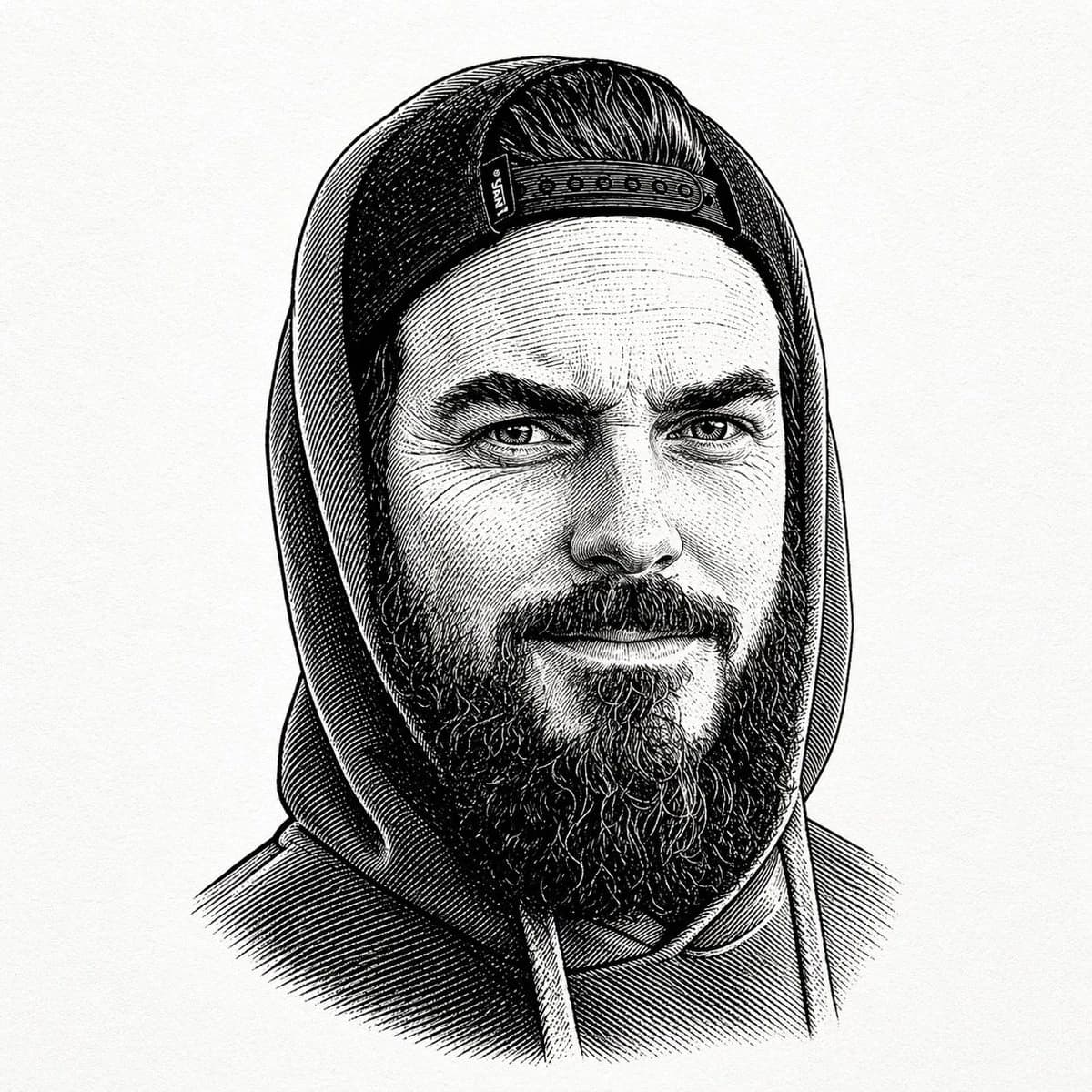 A vintage engraved portrait features a bearded man in a hooded sweatshirt and backward snapback cap, set against a textured off-white background
