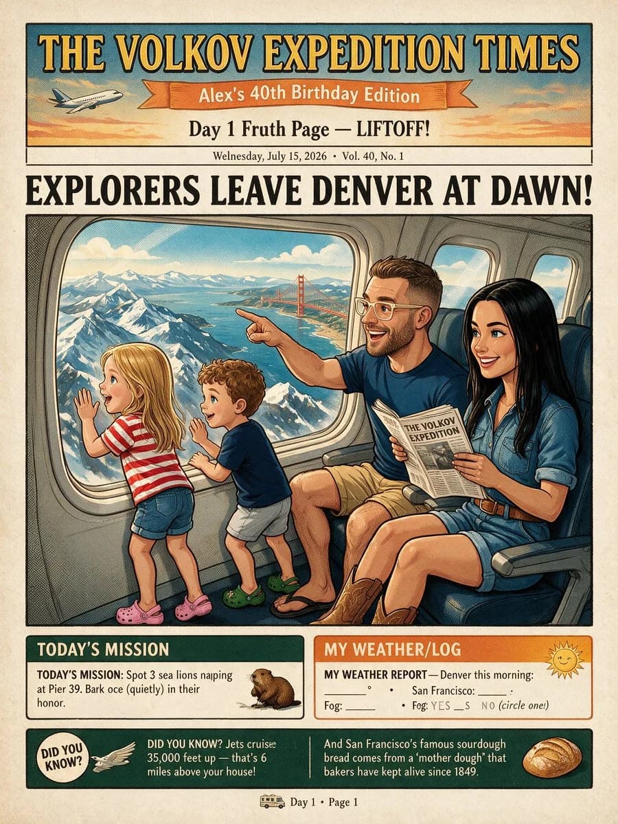 Vintage Family Expedition Newspaper with bold poster composition, readable typography and finished campaign key art