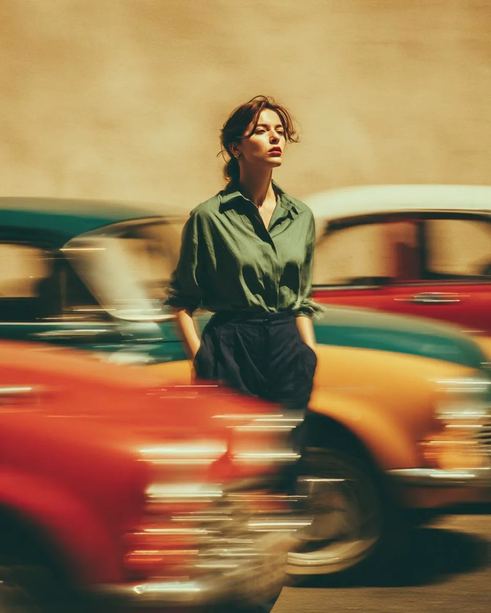 Vintage street portrait of a woman standing still while cars blur past behind her in golden-hour light