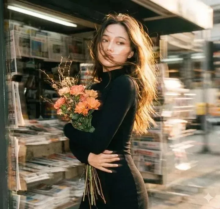 Vintage newsstand double exposure portrait of a woman holding flowers with motion blur and warm film light