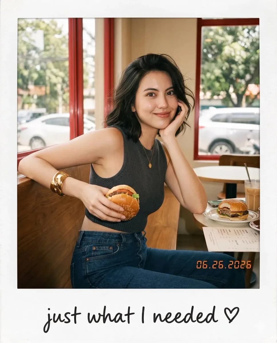 A candid aesthetic café scene presented as a vintage Polaroid photo with realistic film textures and handwritten text
