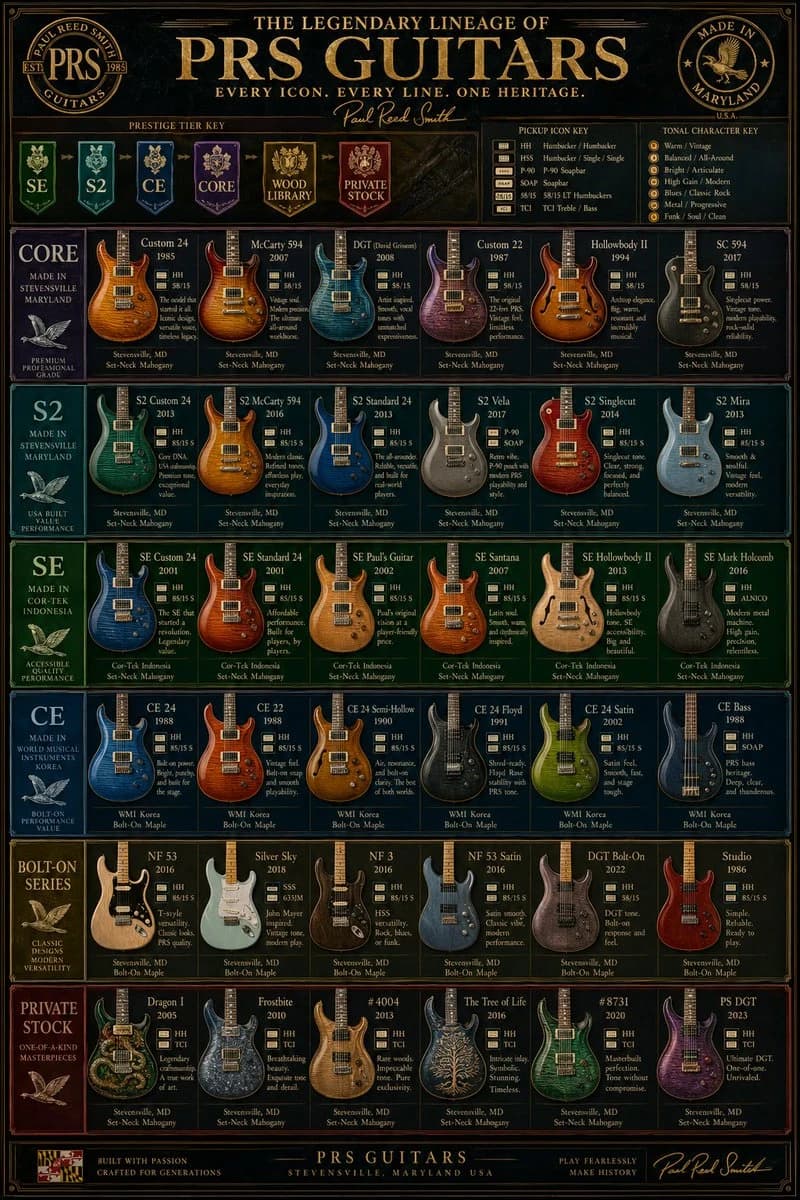 The PRS Guitar Lineage poster features an ornate, vertically oriented chart showcasing various PRS electric guitar models with gold-foil typography and a dark, glossy background