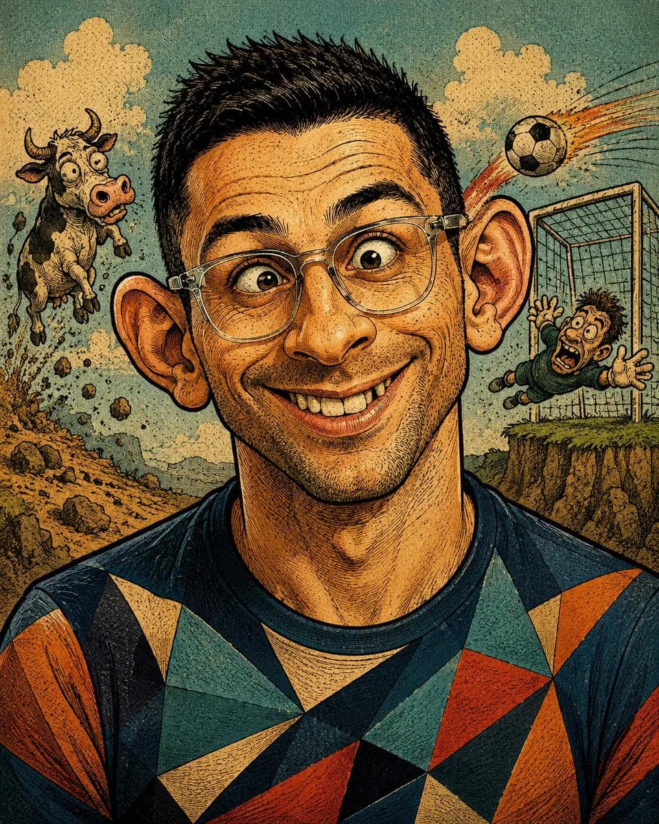 Vintage satirical magazine caricature portrait with exaggerated features, halftone dots, crosshatching, and retro print texture