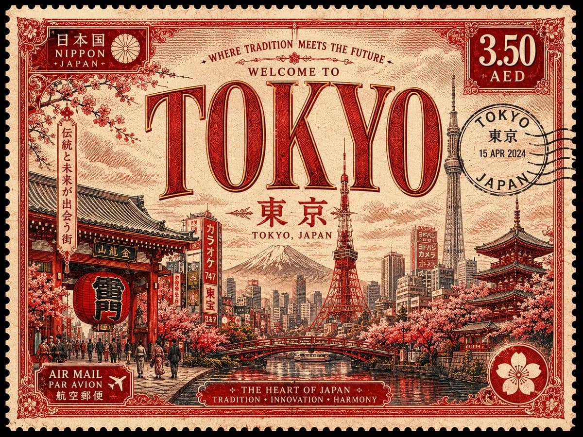 Vintage postage stamp showcasing Tokyo with intricate illustrations of iconic landmarks, cherry blossoms, and art deco typography
