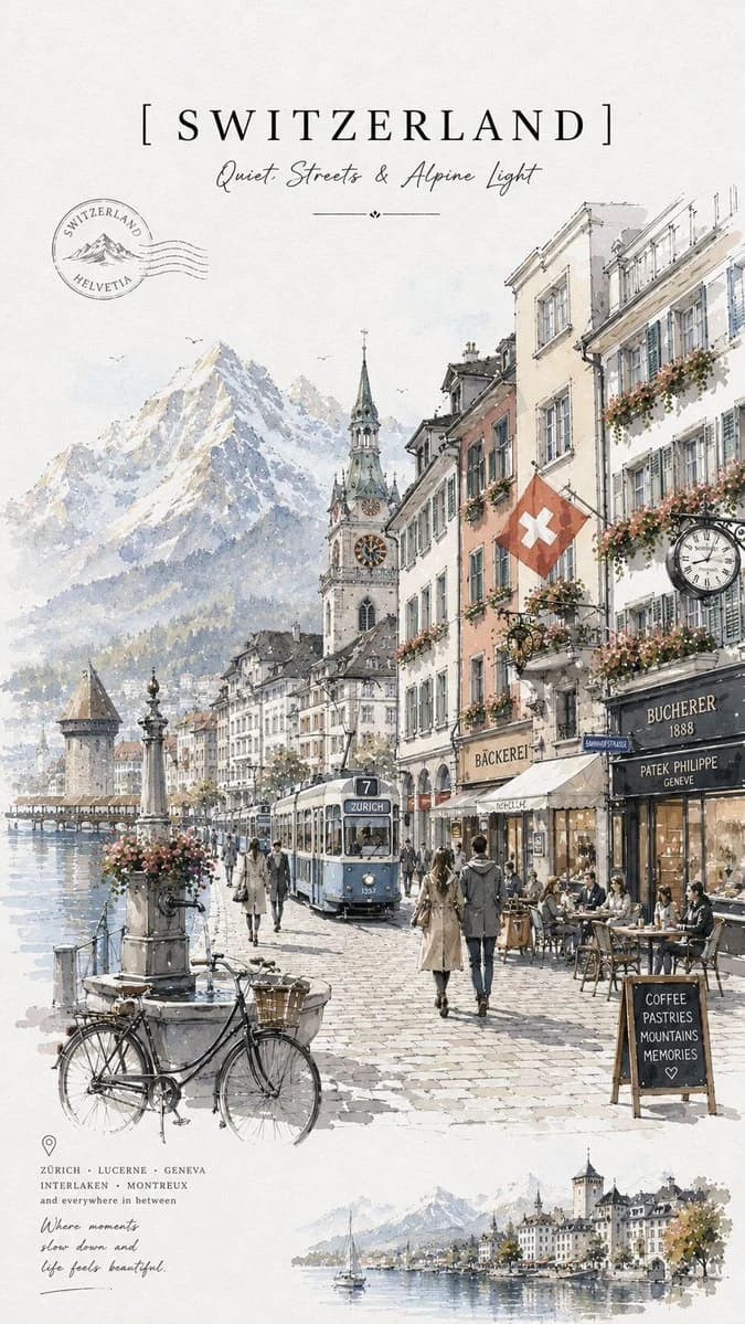 A hand-painted watercolor travel poster depicts a charming Swiss street scene with a tram, café storefronts, and mountains in the background