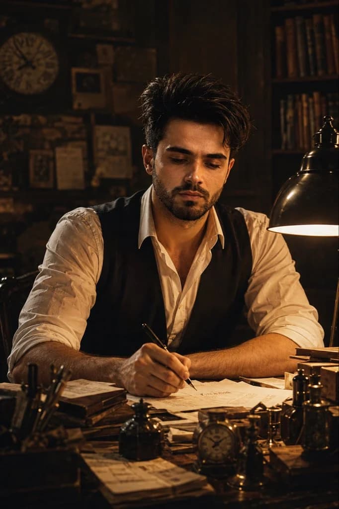 A vintage cinematic writer portrait preserving facial identity, with moody literary atmosphere, textured clothing, and film lighting