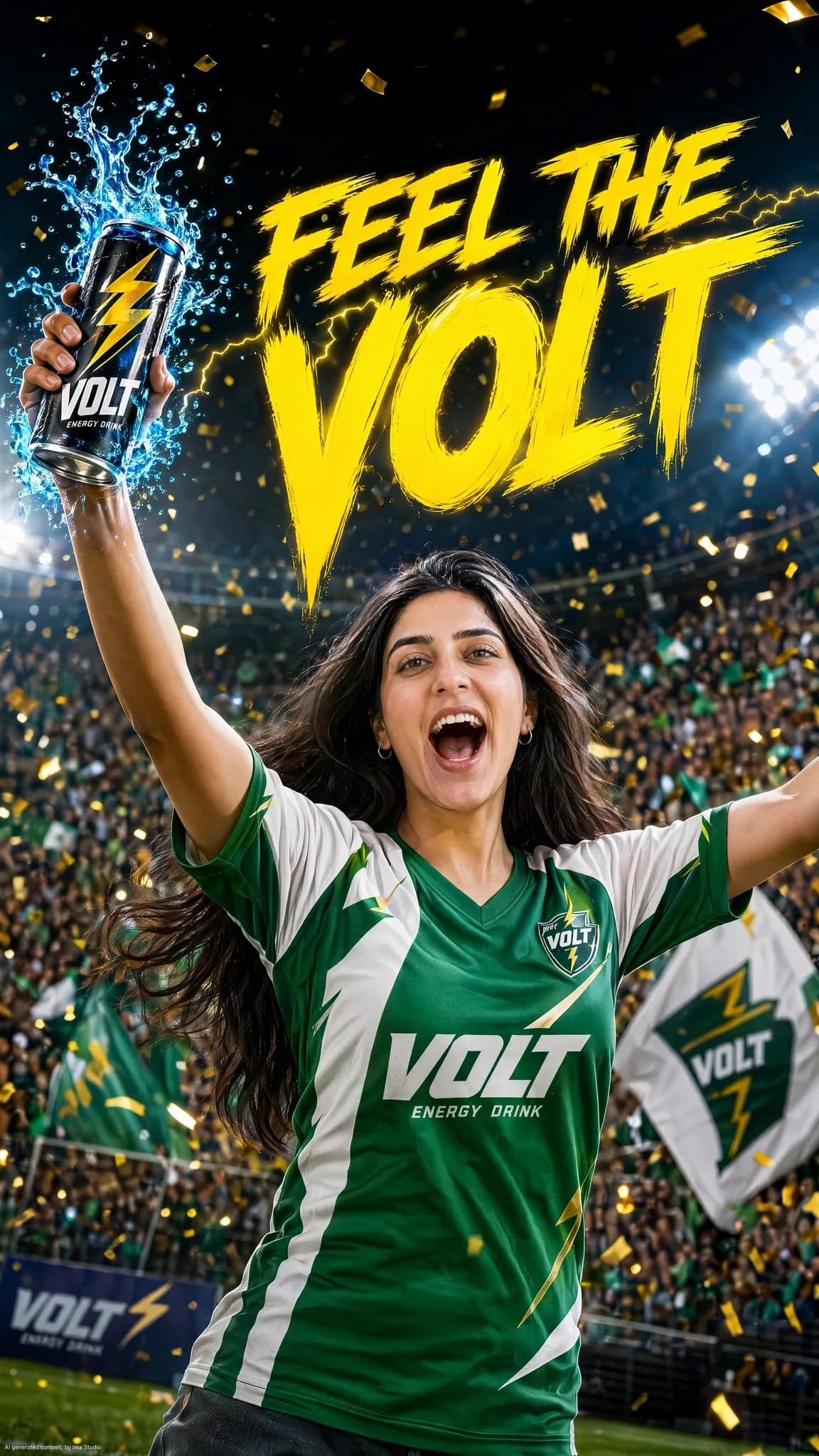 Stadium product ad showing a woman in a green jersey celebrating with a VOLT energy drink and bold yellow headline