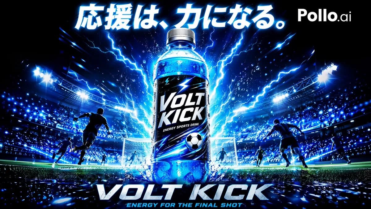Electric-blue soccer stadium ad poster with a glowing Volt Kick sports drink bottle, player silhouettes, lightning, and wet turf reflections