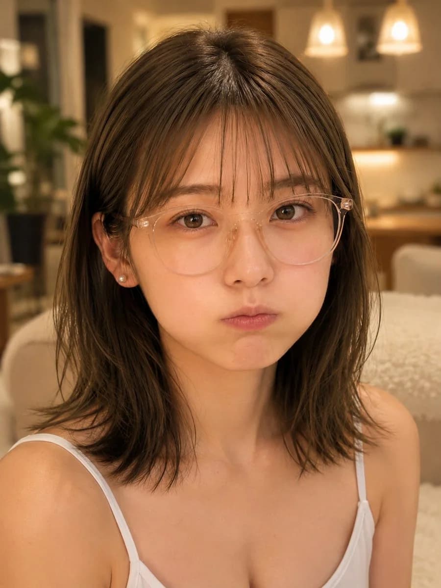 A photorealistic cozy indoor selfie portrait of a young woman with clear glasses and a cute pouting expression
