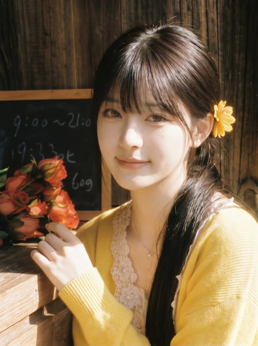 Warm portrait inside a Japanese flower shop, surrounded by soft florals, cozy light, and gentle lifestyle detail.