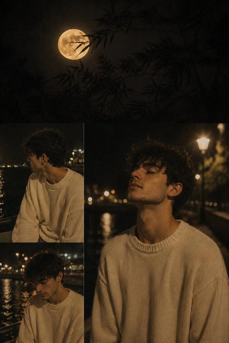 Warm moonlit collage still with layered cinematic fragments, soft night colors, and dreamy social post composition