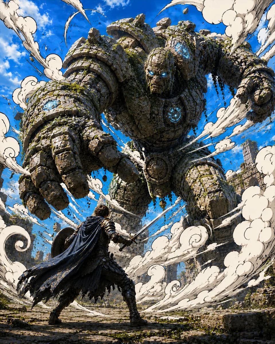 Warrior Versus Stone Golem with sequential panels, clear scene planning and cinematic visual flow