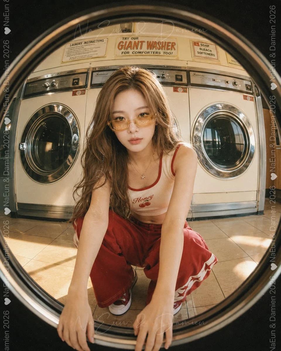 Laundromat portrait viewed from inside a washing machine with circular framing and cinematic lighting