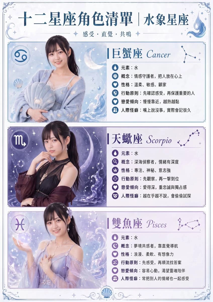 Twelve zodiac characters are illustrated in an elegant anime style, featuring water signs Cancer, Scorpio, and Pisces with pastel gradients and celestial motifs