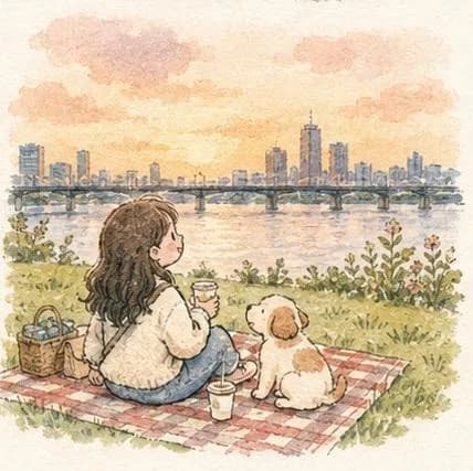 Watercolor scene shows a girl and dog relaxing on a picnic blanket beside a riverside city skyline